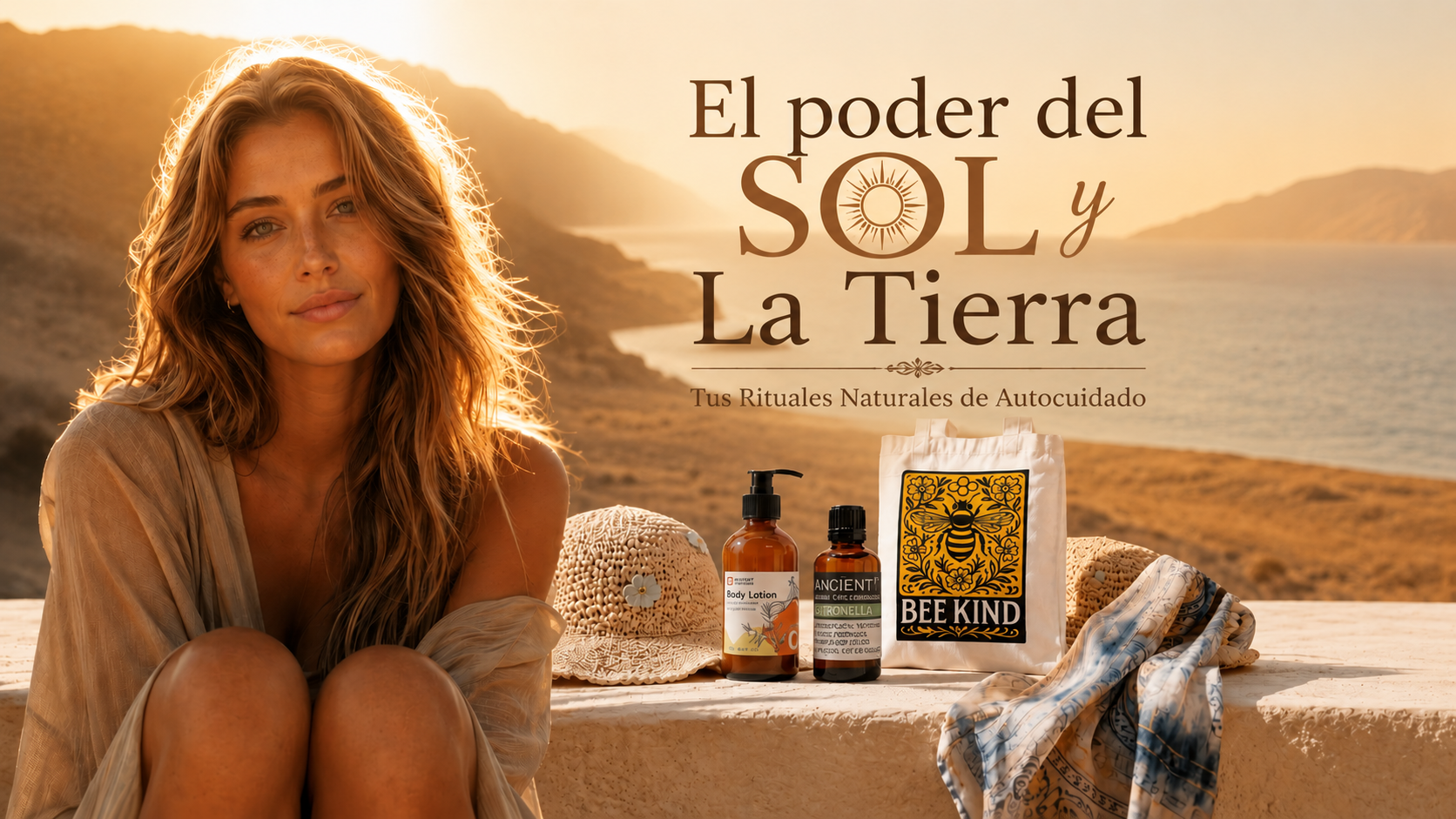 Mujer sentada en el sielo cerda de una playa con productos naturales de bellezas cerca de ella 